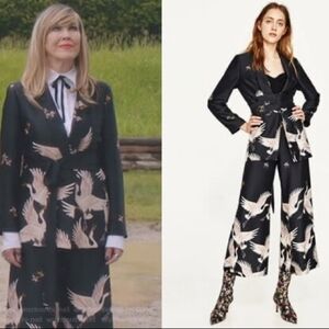 Zara Black and White Crane Print Jumpsuit